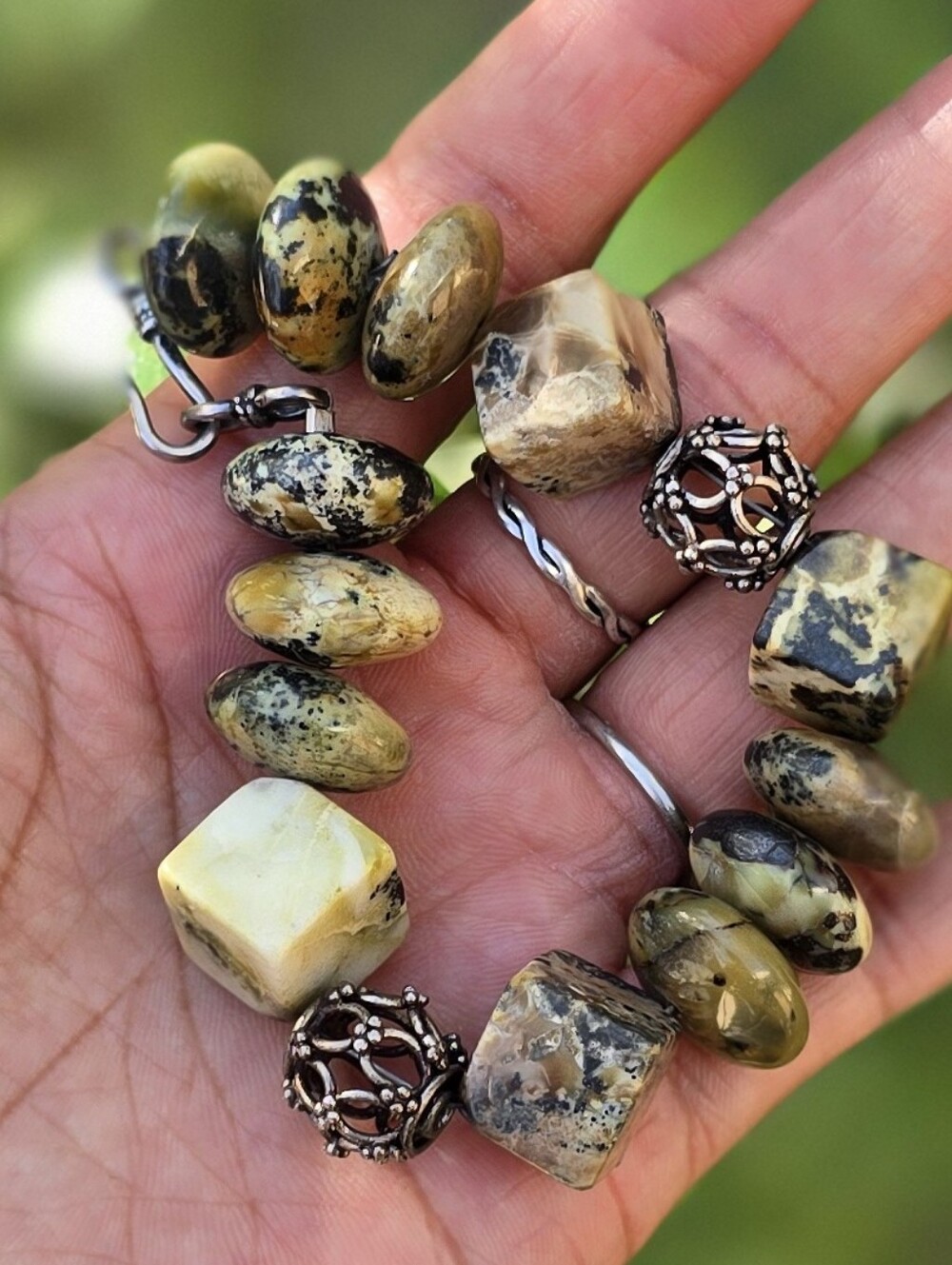 Gorgeous handmade chunky bracelet genuine jasper and ornate beads sterling